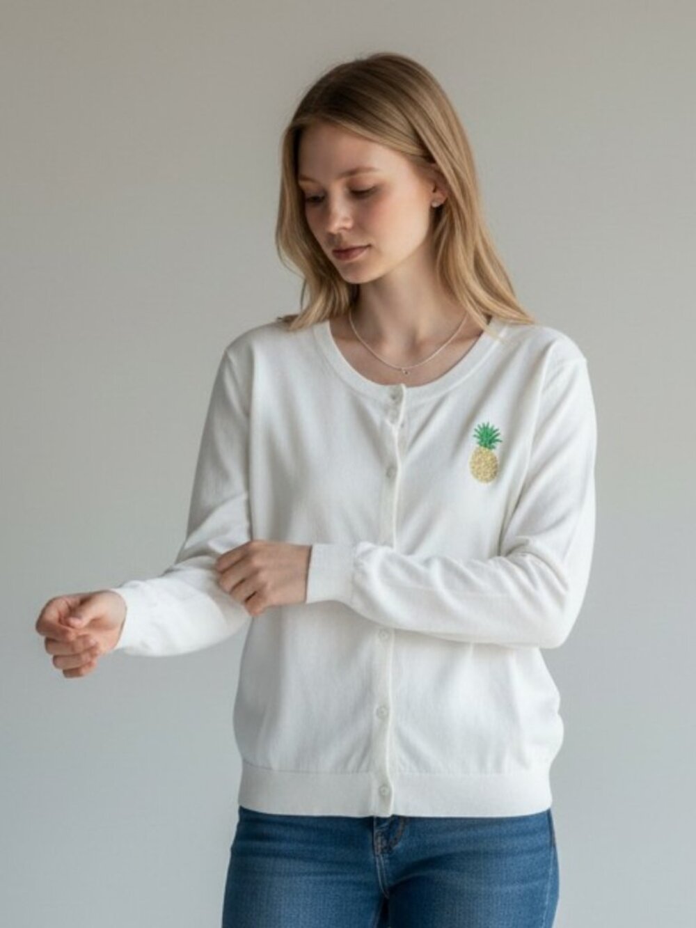 J. Crew Pineapple Caryn Cardigan Sweater Womens Size Large Cotton Preppy Casual